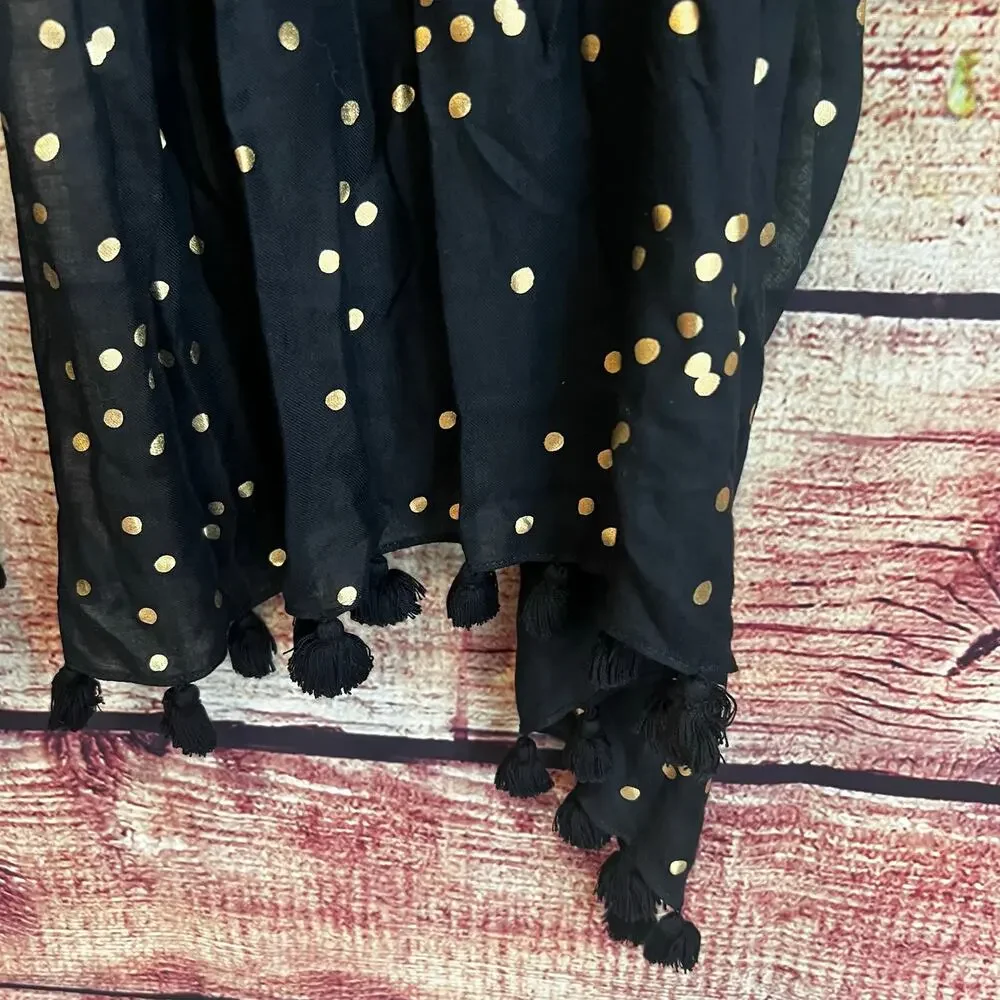 Kate Spade Scarf 74x24 Black Metallic Gold Confetti Polka Dot Pom Pom Shawl NYE